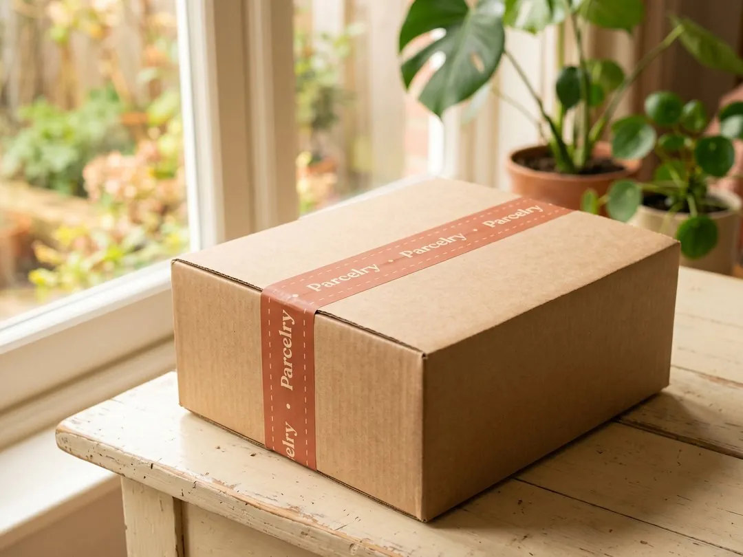 Parcelry logo tape on a kraft box