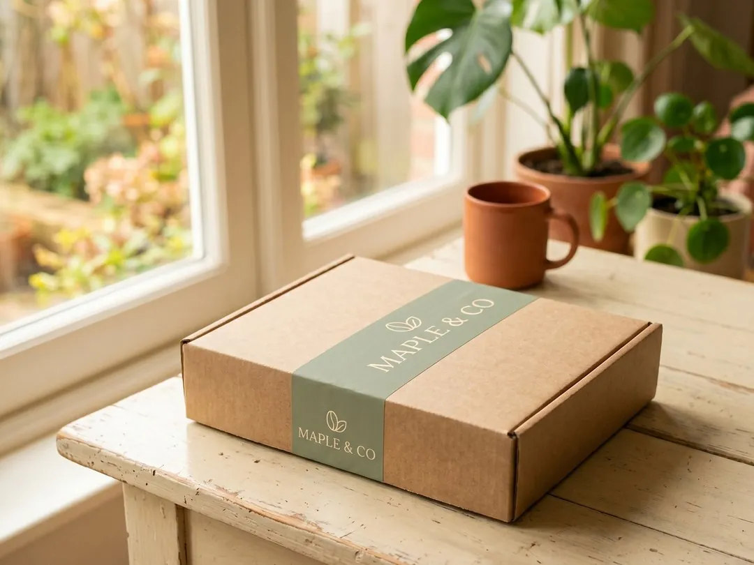 Maple & Co logo tape on a kraft box