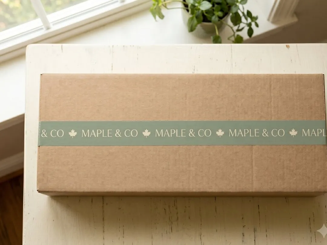 Overhead view of Maple & Co custom packing tape