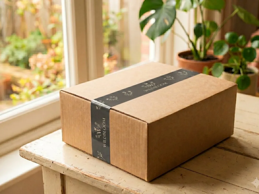 Wildbloom botanical logo tape on a kraft box